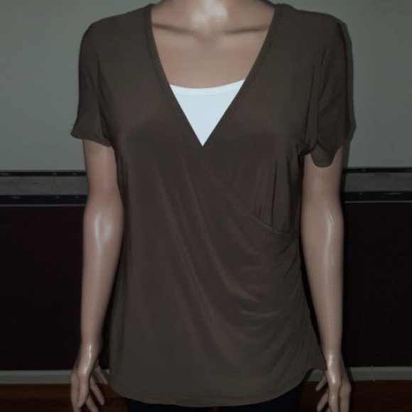 Choices Brown Cross Over with White Attched Tee Short Sleeve Top Size S NWOT - Picture 1 of 5